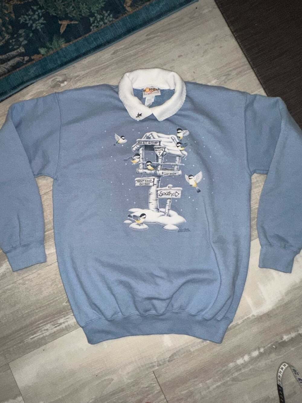 Morning Sun Winter Birds Crewneck Sweatshirt Blue - Picture 2 of 7